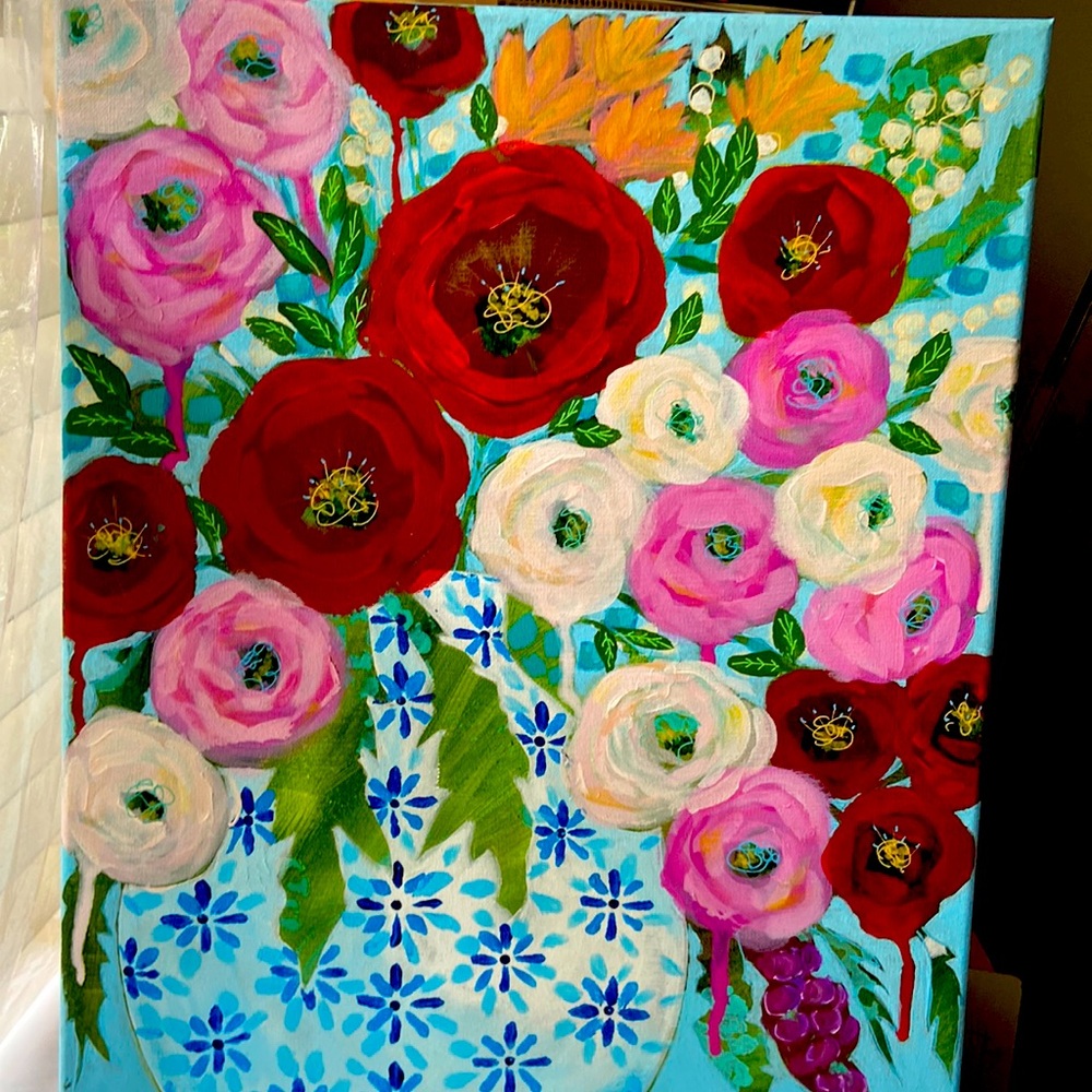Abstract Floral Acrylic Painting 16 X 20" Colorful Red and Pink Flowers - Picture 3 of 4